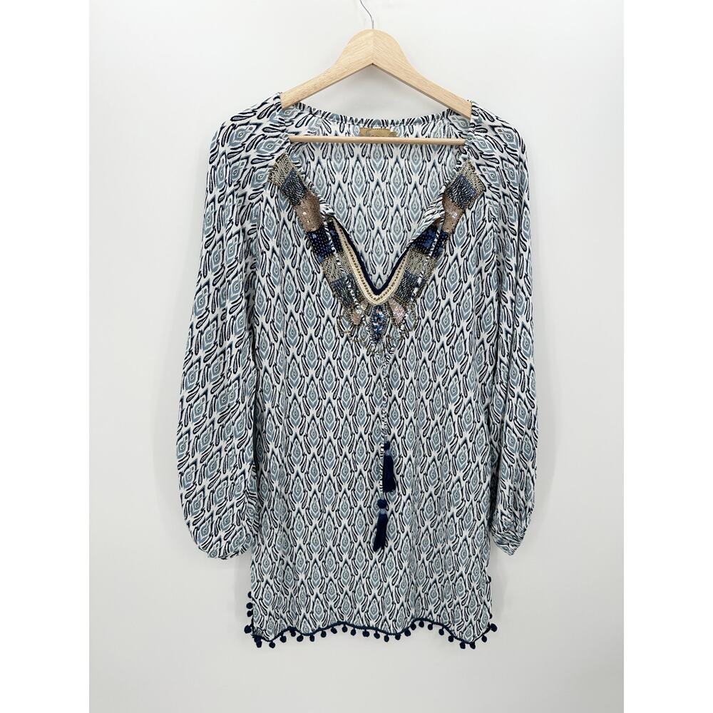 Skemo Women Small Blue Printed Sequin Tassel Tunic Swim‎ Coverup Boho HR6